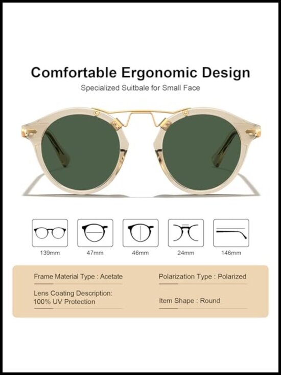 Retro Metal Brow Round Acetate Sunglasses Polarized UV Protection main image 3